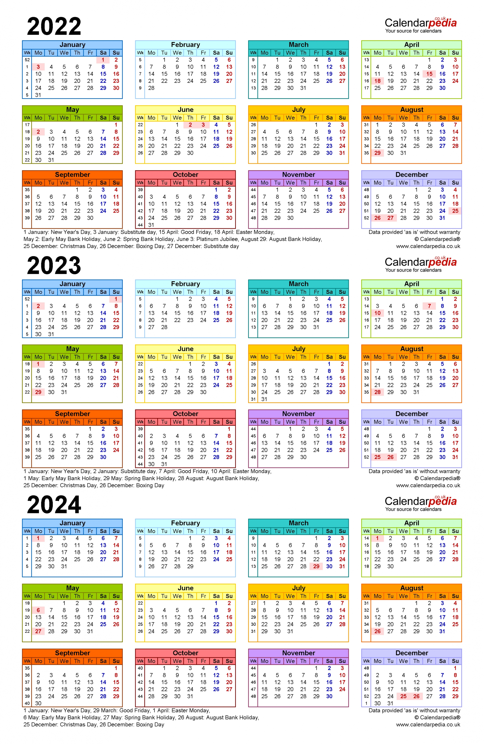 Three Year Calendars For 2022, 2023 &amp; 2024 (Uk) For Pdf