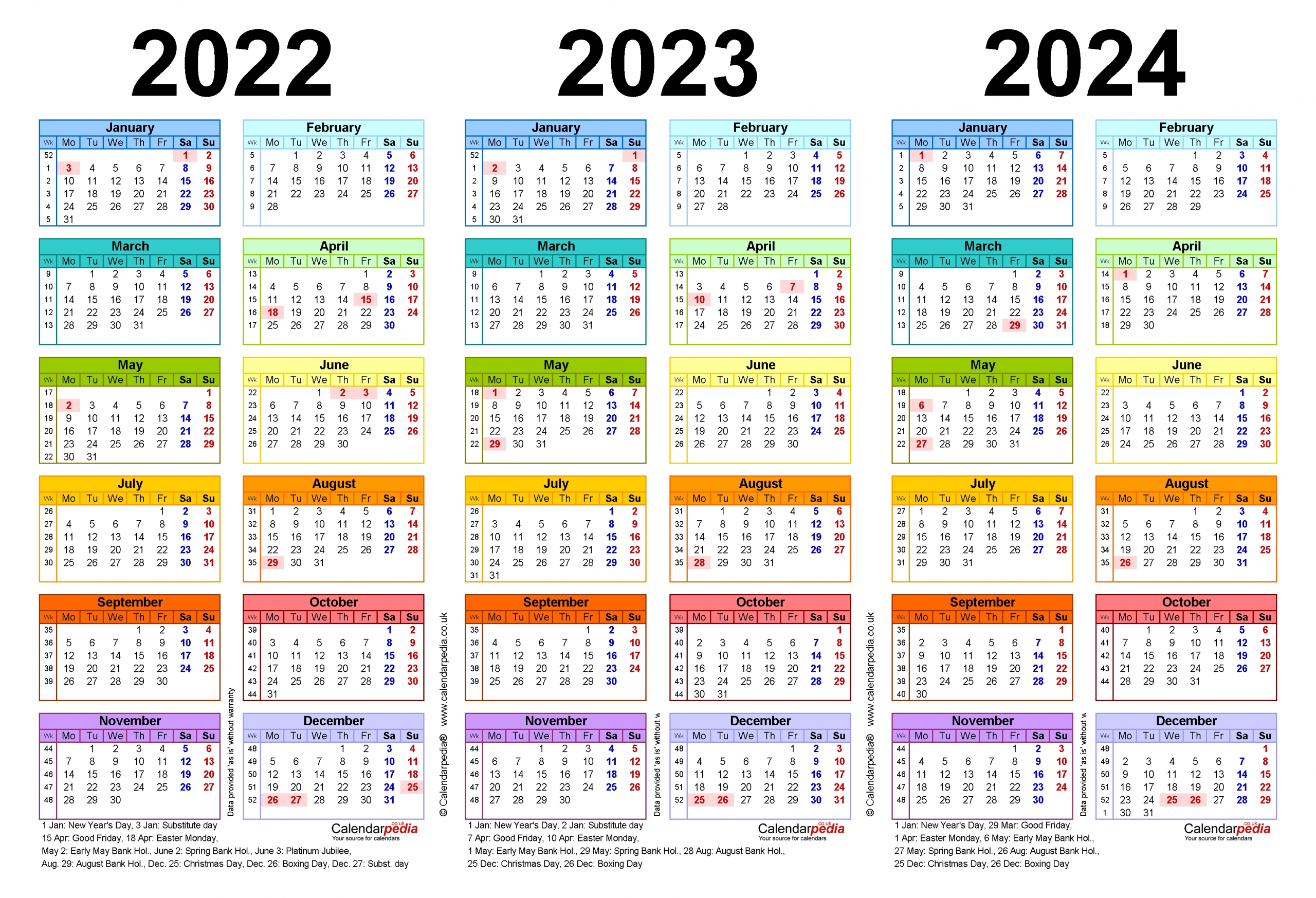 Three Year Calendars For 2022, 2023 &amp; 2024 (Uk) For Pdf