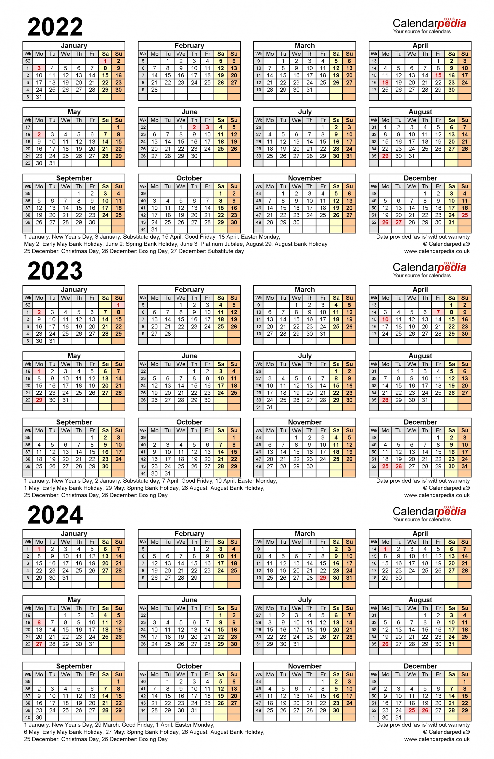 Three Year Calendars For 2022, 2023 &amp; 2024 (Uk) For Word