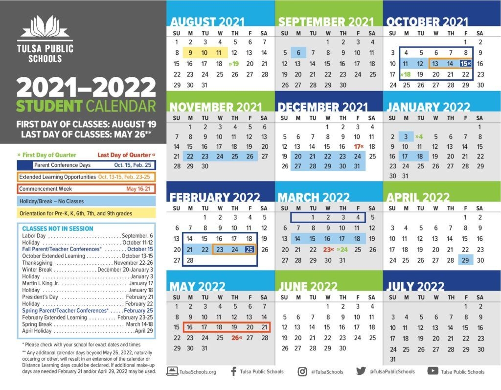 Tulsa Public School Holiday Calendar 2021-2022 In Pdf