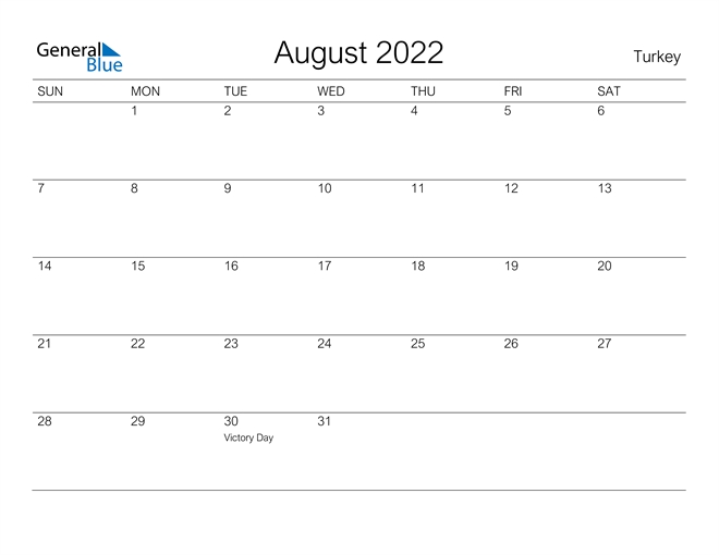 Turkey August 2022 Calendar With Holidays