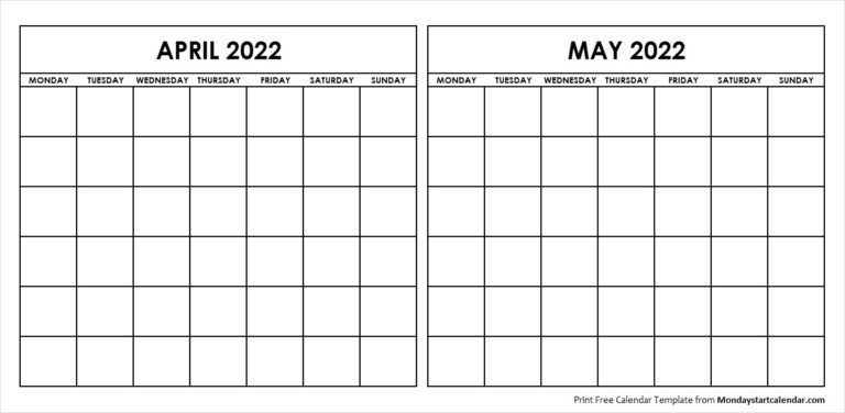 Two Month April May 2022 Calendar Blank | Two Months Template