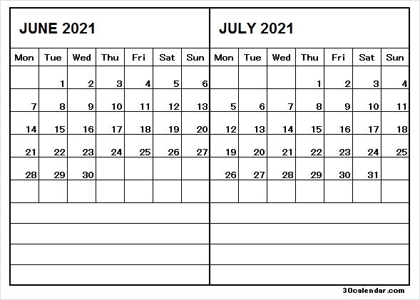 Two Month Calendar Jun Jul 2021 - June 2021 Calendar