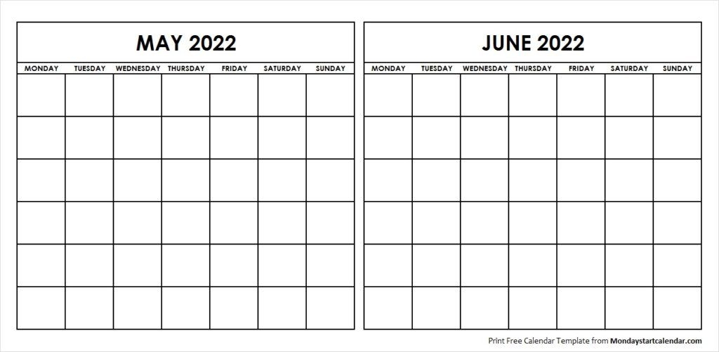 Two Month May June 2022 Calendar Blank | Two Months Template