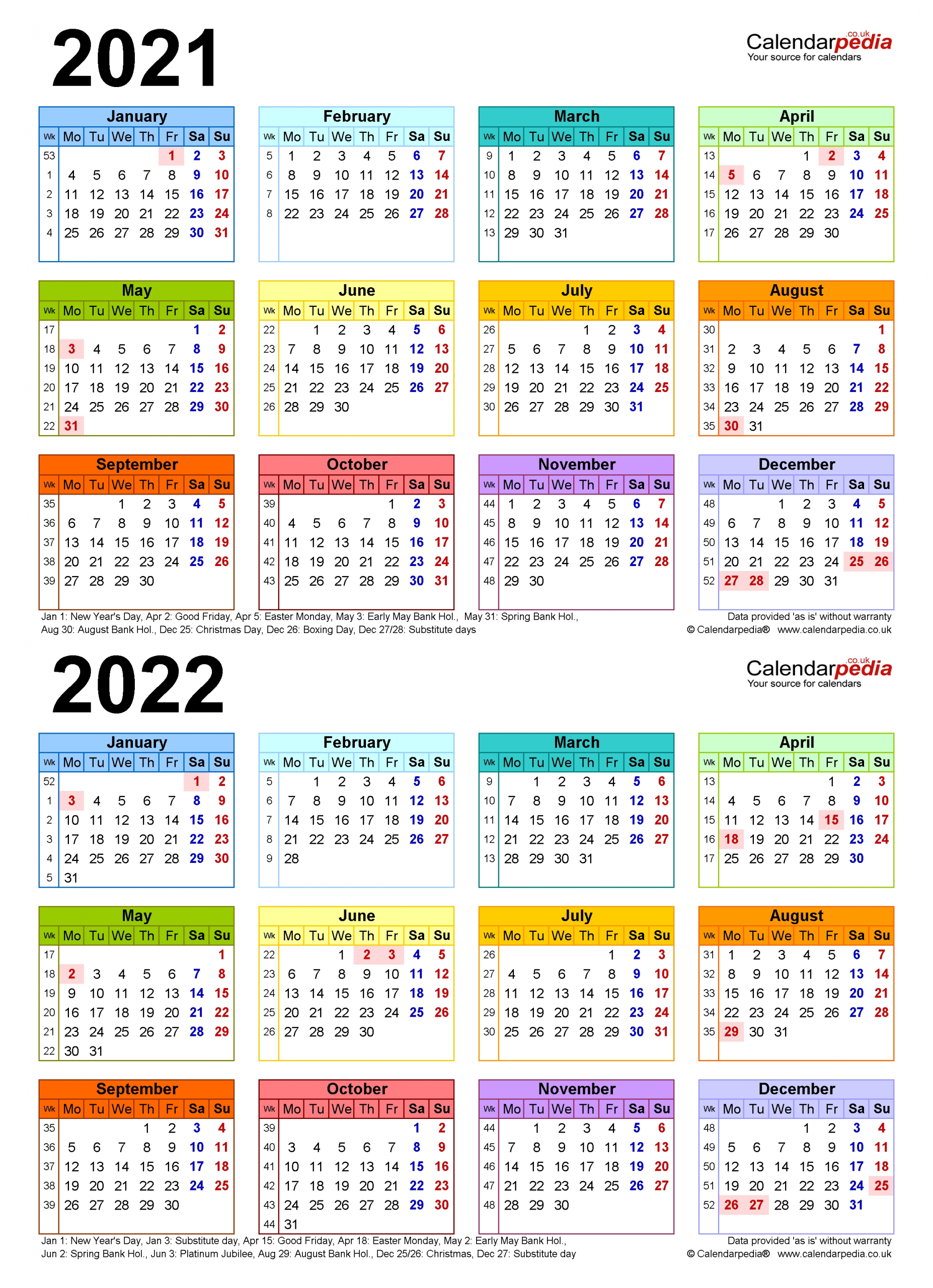 Two Year Calendars For 2021 &amp; 2022 (Uk) For Excel