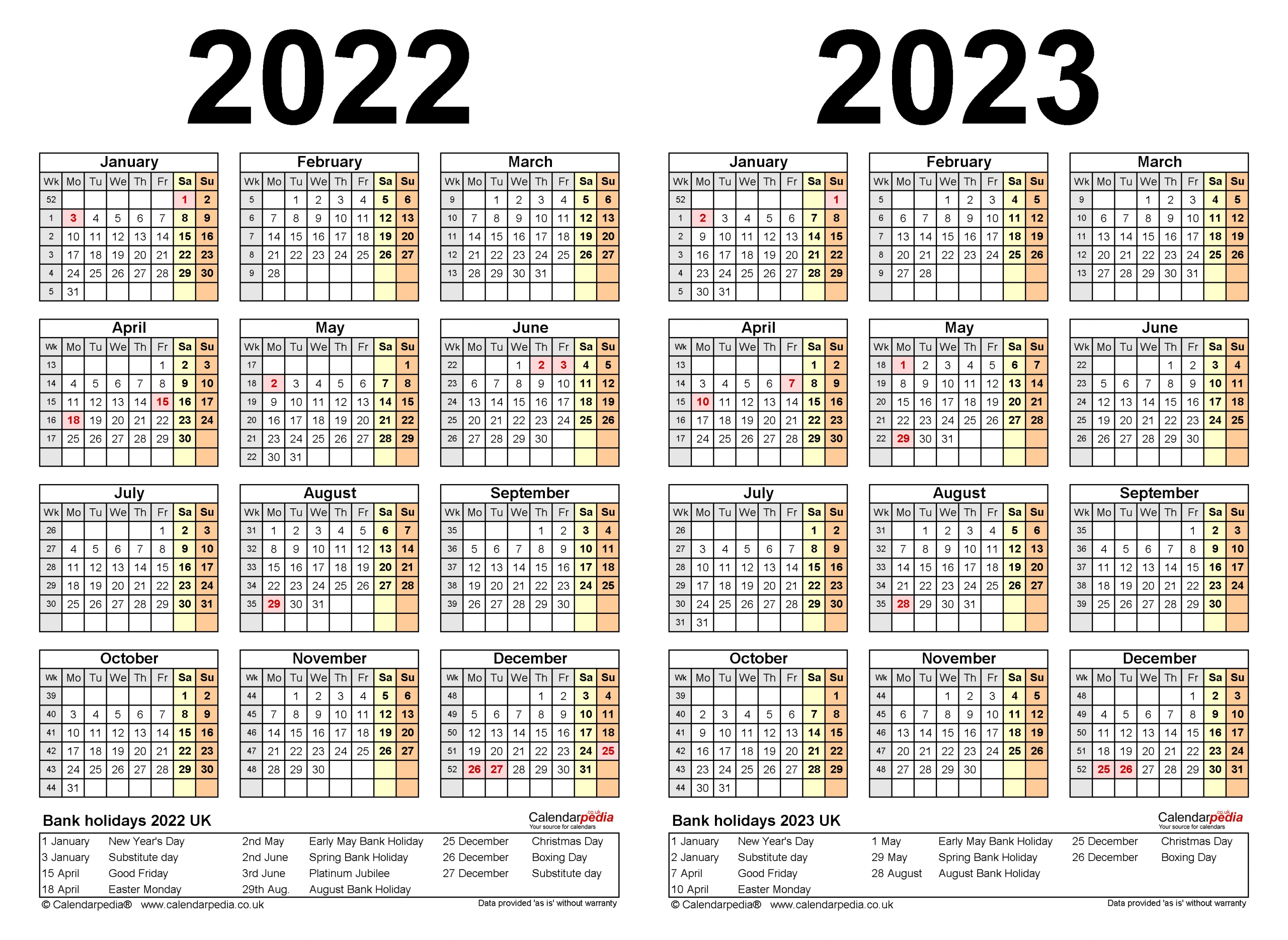 Two Year Calendars For 2022 &amp; 2023 (Uk) For Excel