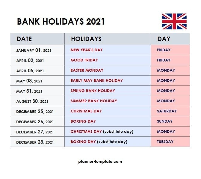 Uk Holiday 2021 Calendar Template - School, Bank, Public