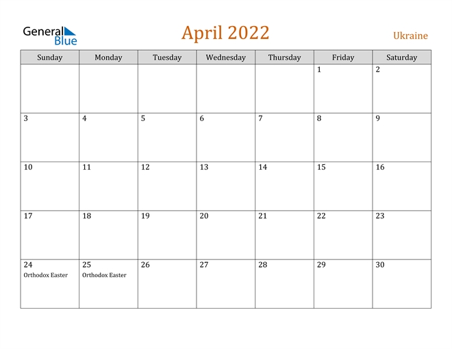 Ukraine April 2022 Calendar With Holidays