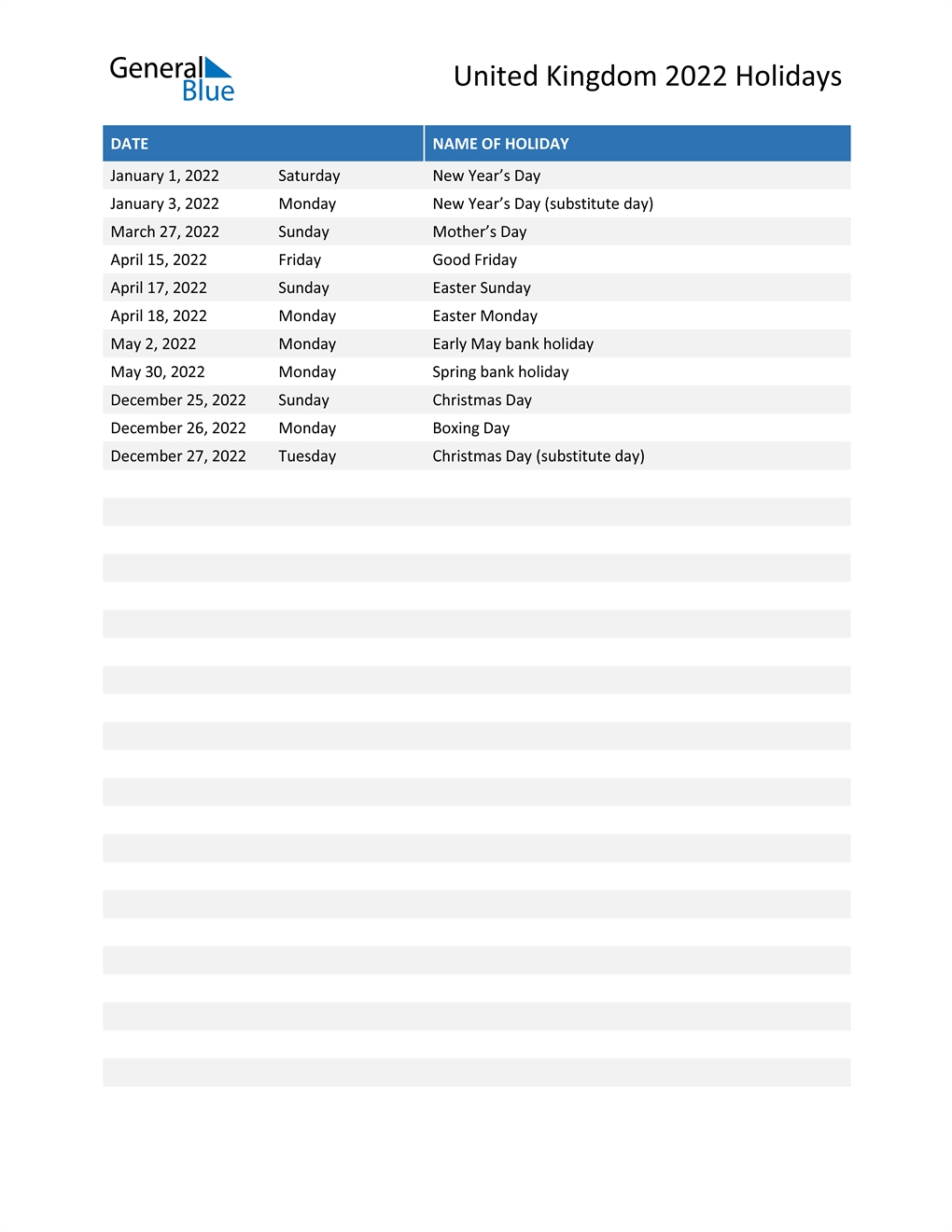 United Kingdom Holidays 2022 In Pdf, Word And Excel