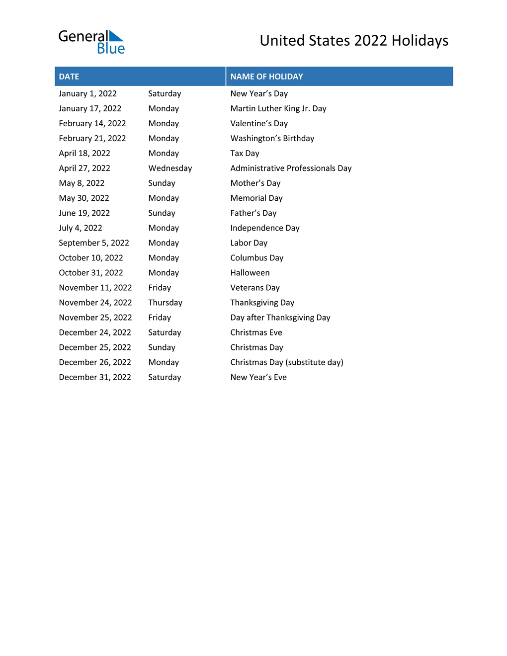 United States Holidays 2022 In Pdf, Word And Excel