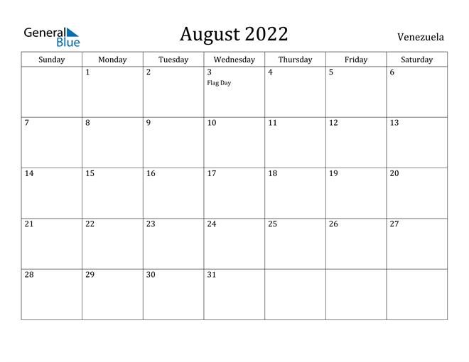 Venezuela August 2022 Calendar With Holidays