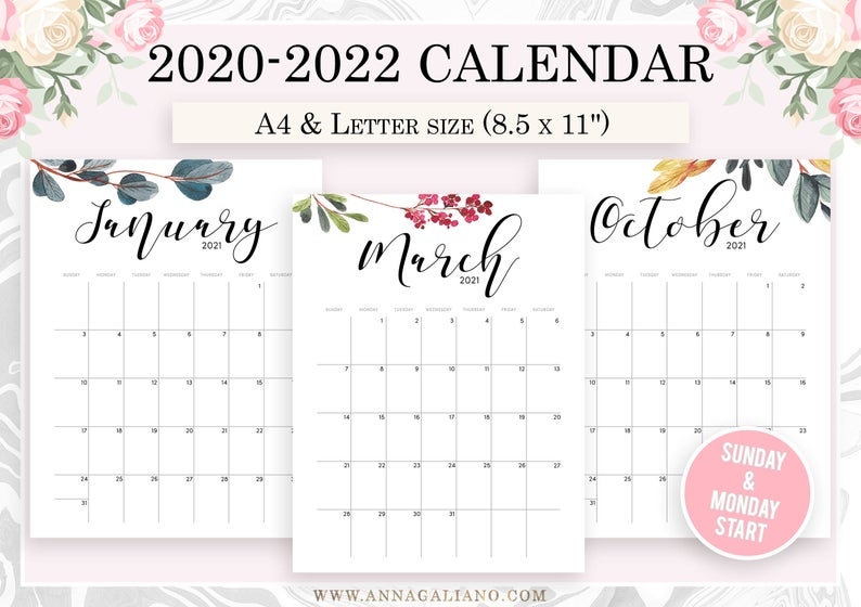 Wall Calendar Printable 2020 2021 2022 Wall Calendar | Etsy