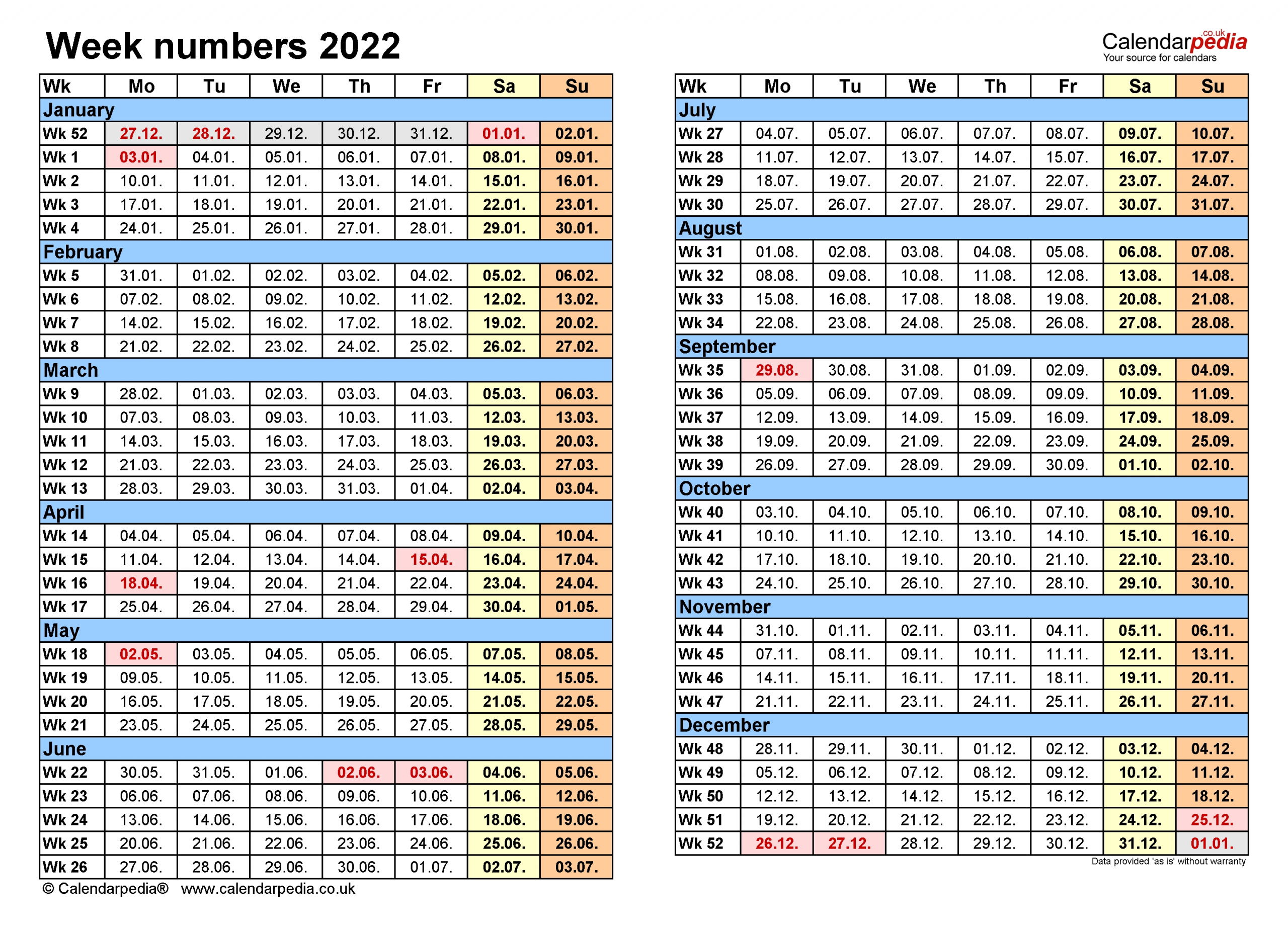 Week Numbers 2022 With Excel, Word And Pdf Templates