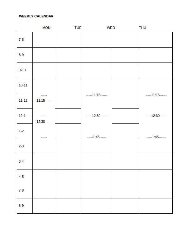 Weekly Calendar Template - 12+ Word, Excel, Pdf Documents