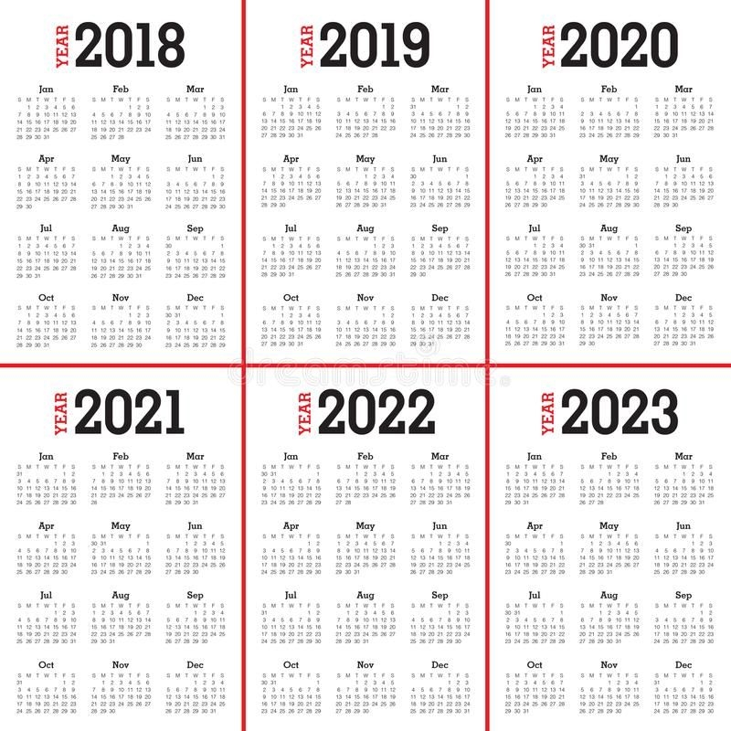 Year 2018 2019 2020 2021 2022 2023 Calendar Vector Stock