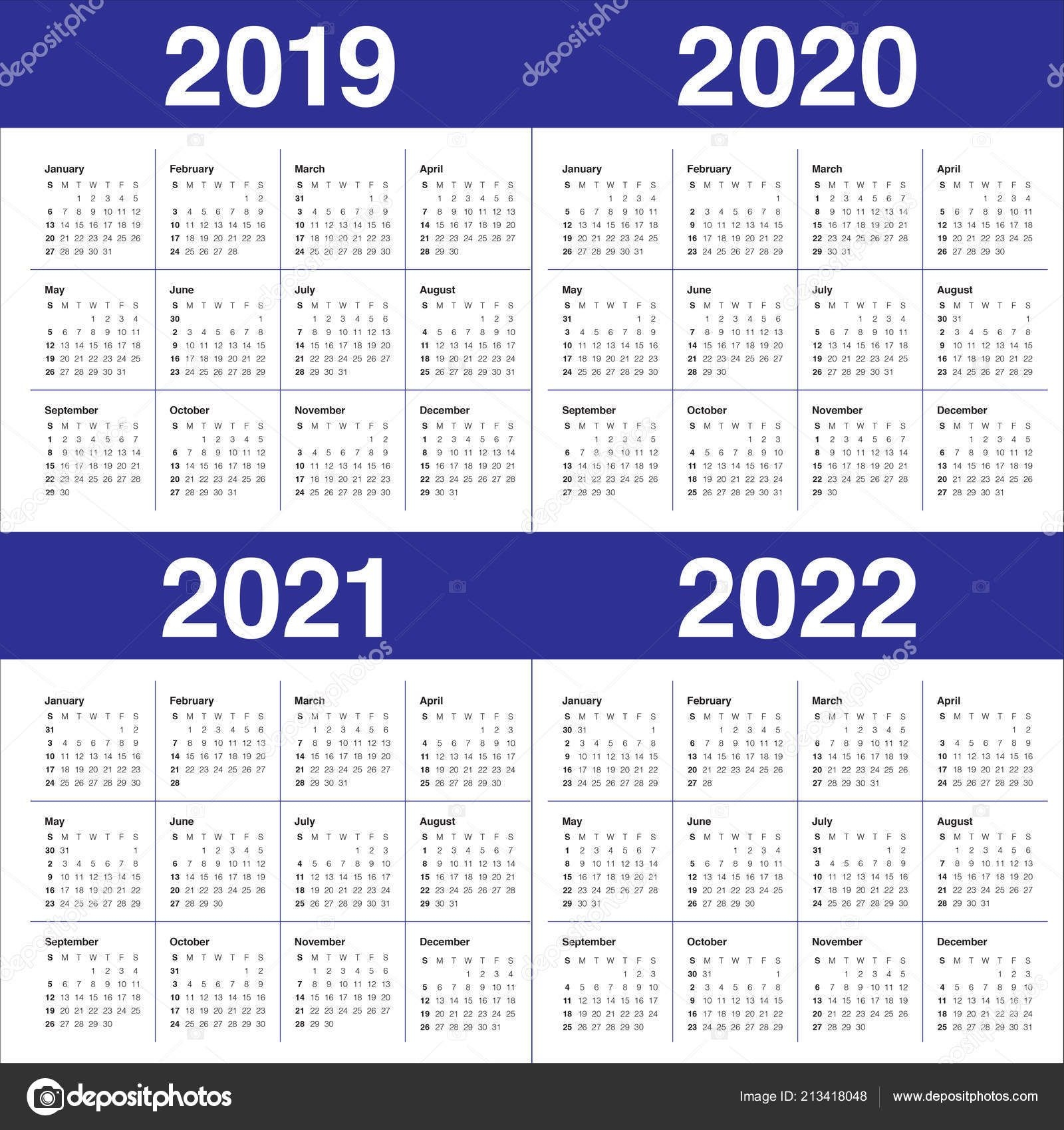 Year 2019 2020 2021 2022 Calendar Vector Design Template