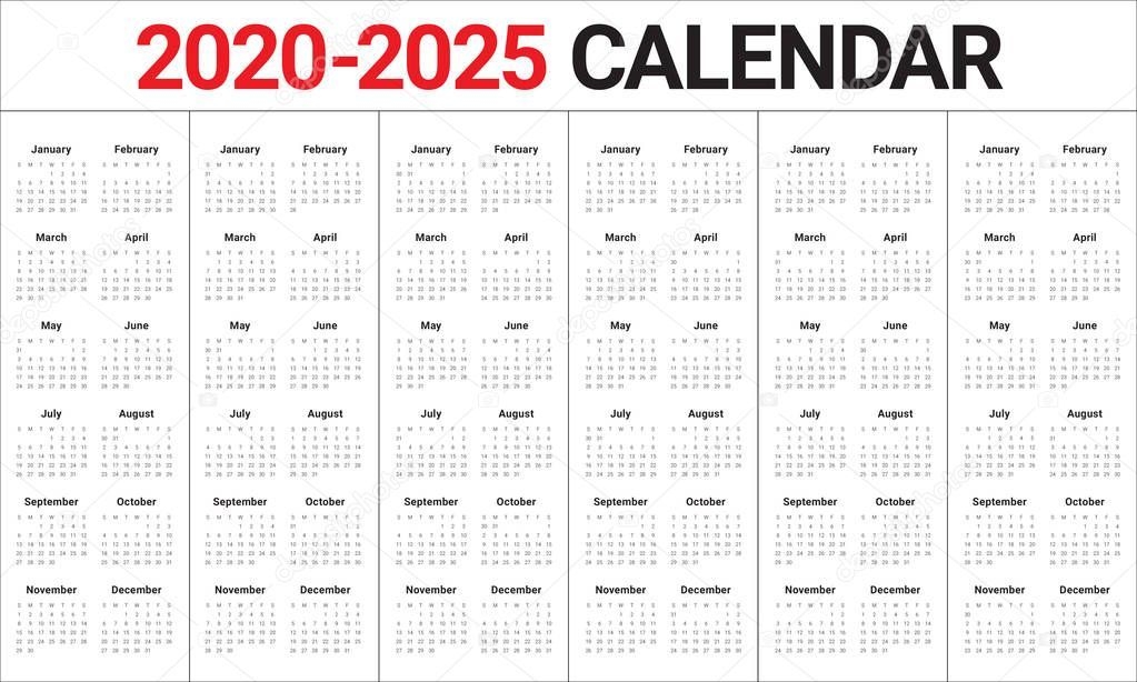 Year 2020 2021 2022 2023 2024 2025 Calendar Vector Design