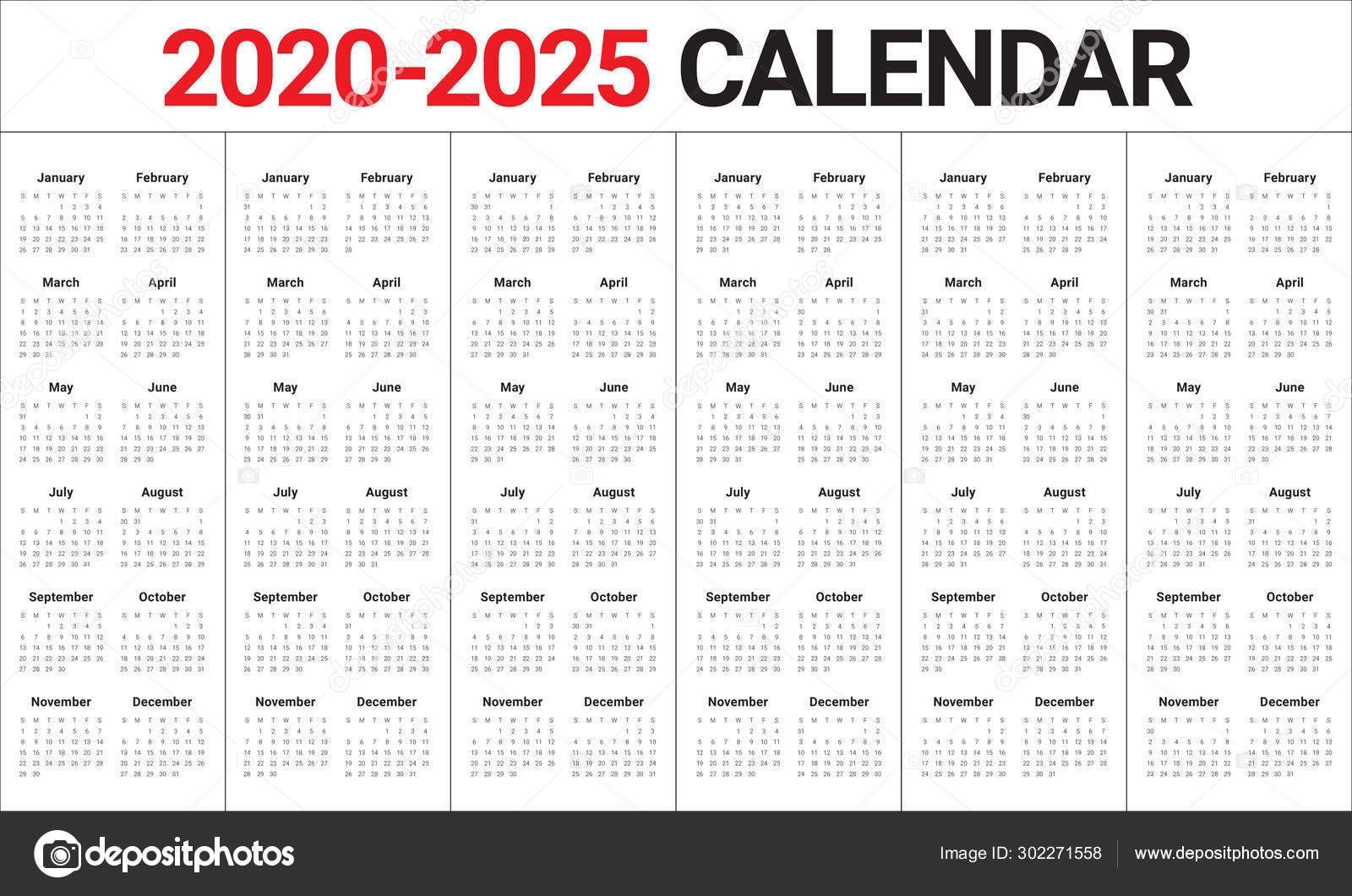 Year 2020 2021 2022 2023 2024 2025 Calendar Vector Design