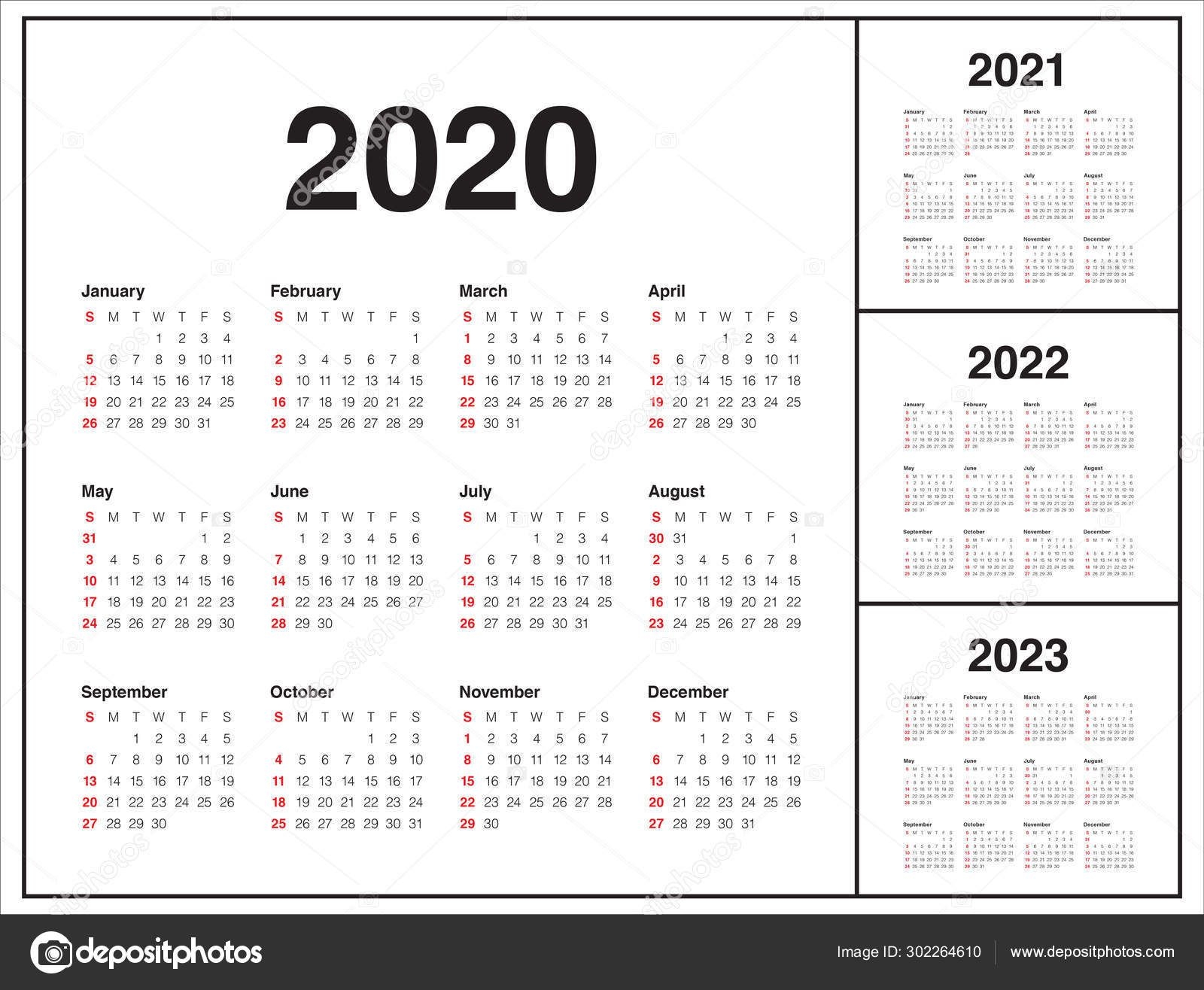 Year 2020 2021 2022 2023 Calendar Vector Design Template
