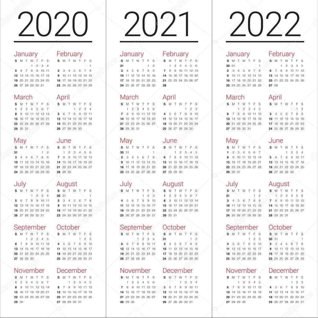 Year 2020 2021 2022 Calendar Vector Design Template