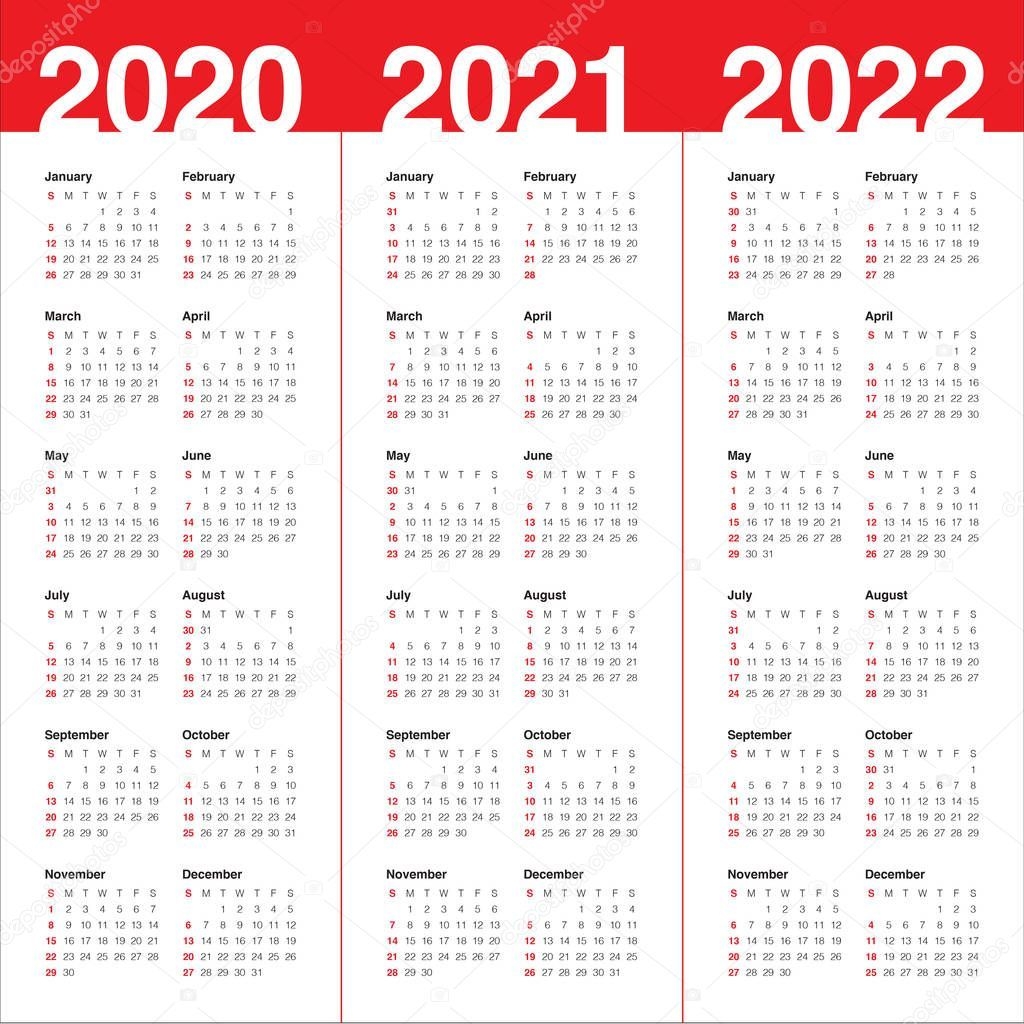 Year 2020 2021 2022 Calendar Vector Design Template