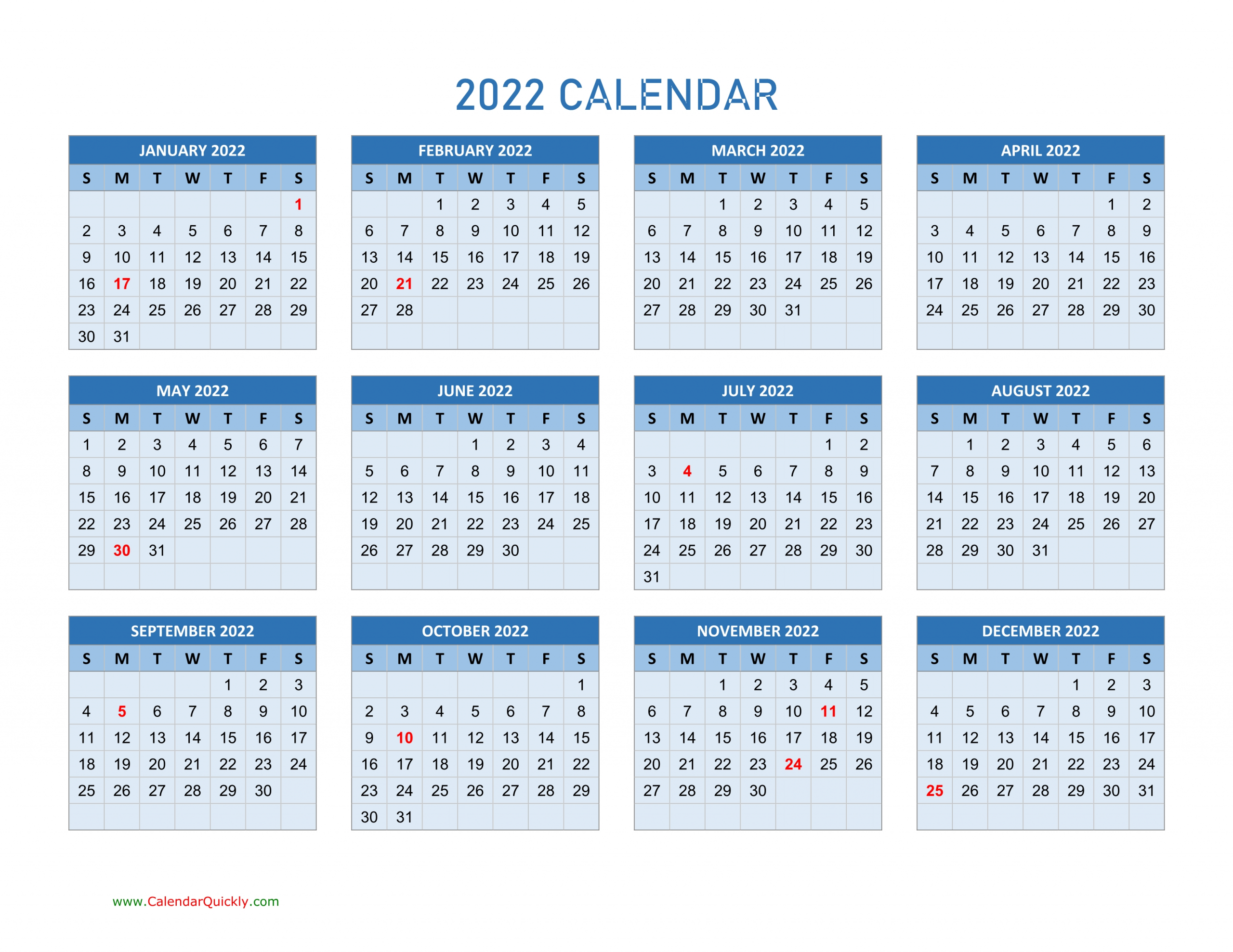 Year 2022 Calendars | Calendar Quickly