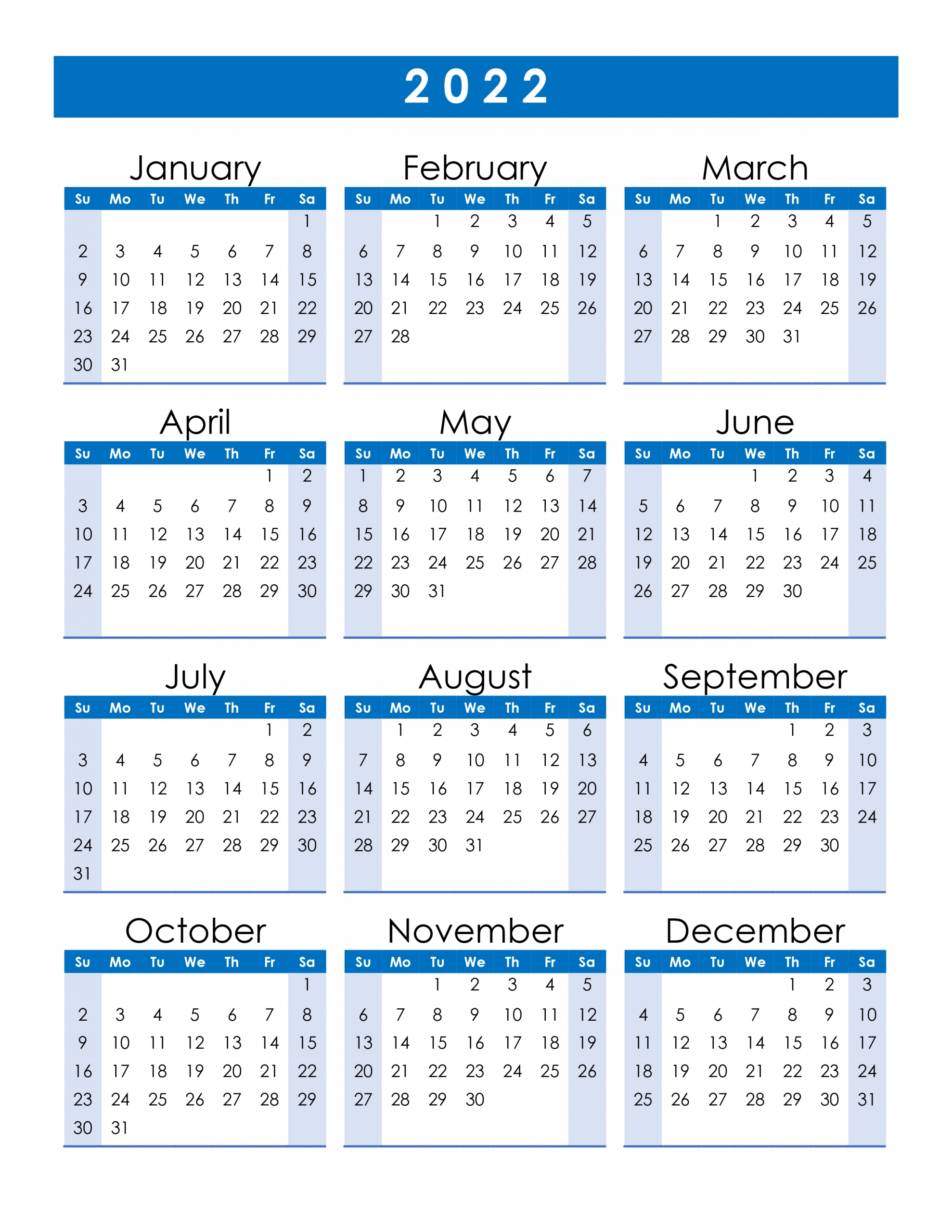 Yearly 2022 Printable Calendar | Free Letter Templates