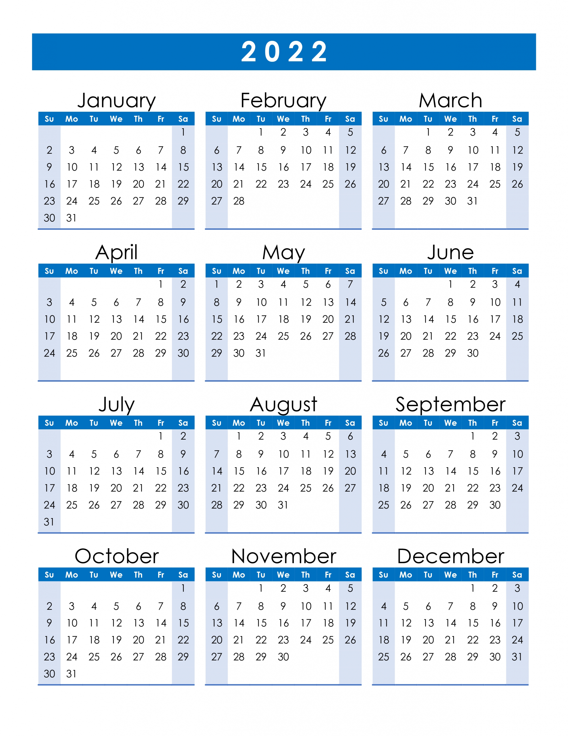 Yearly Calendar 2022 - Free-Calendar.su