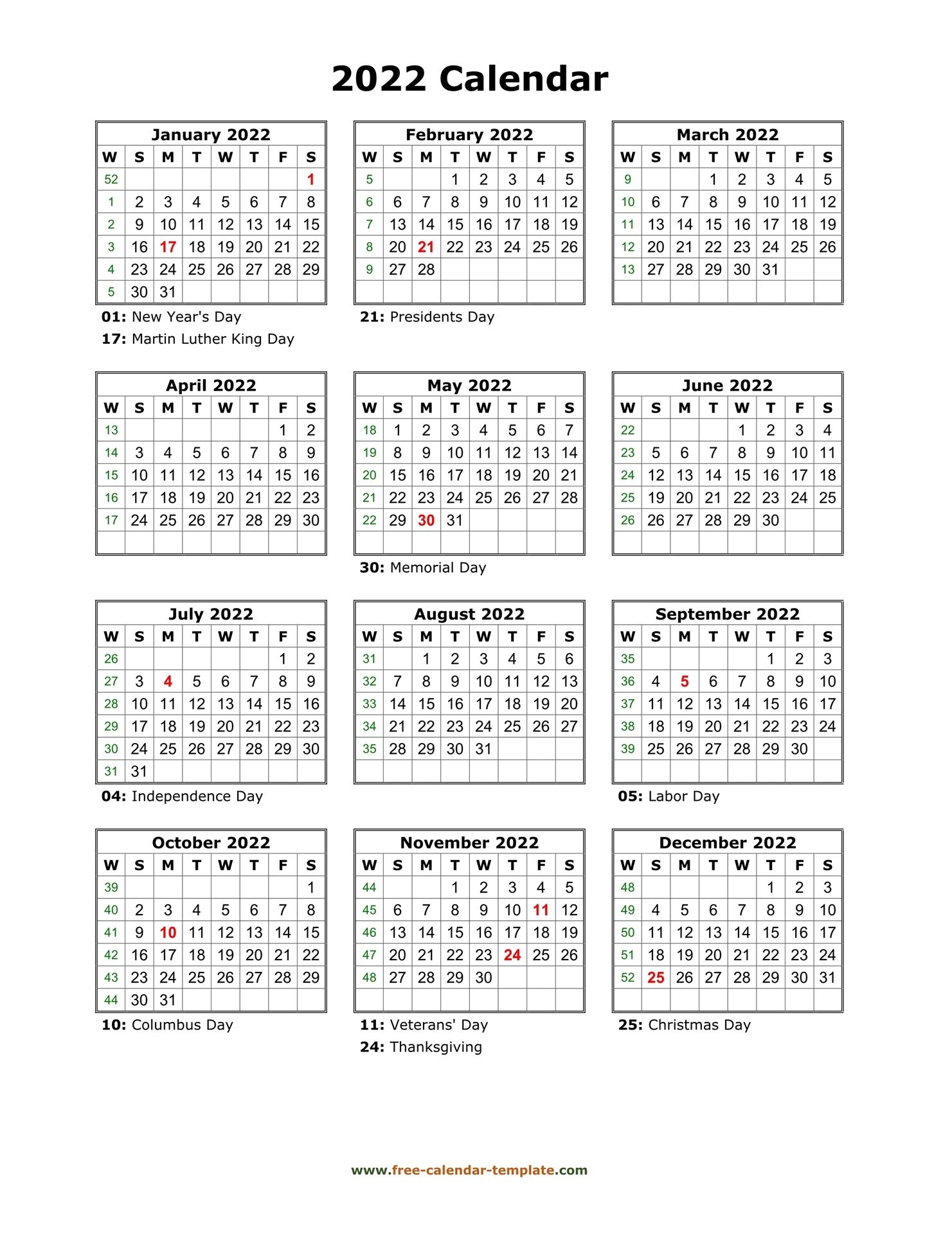Yearly Printable Calendar 2022 With Holidays | Free