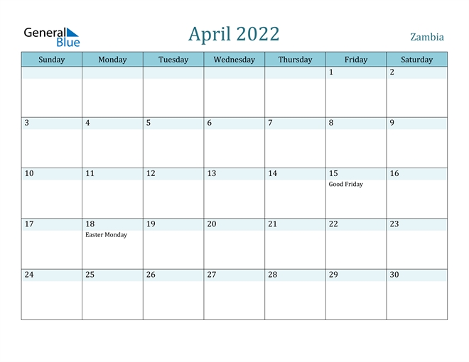 Zambia April 2022 Calendar With Holidays