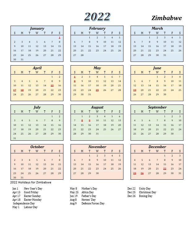 Zimbabwe 2022 Calendar | 2021Printablecalendar