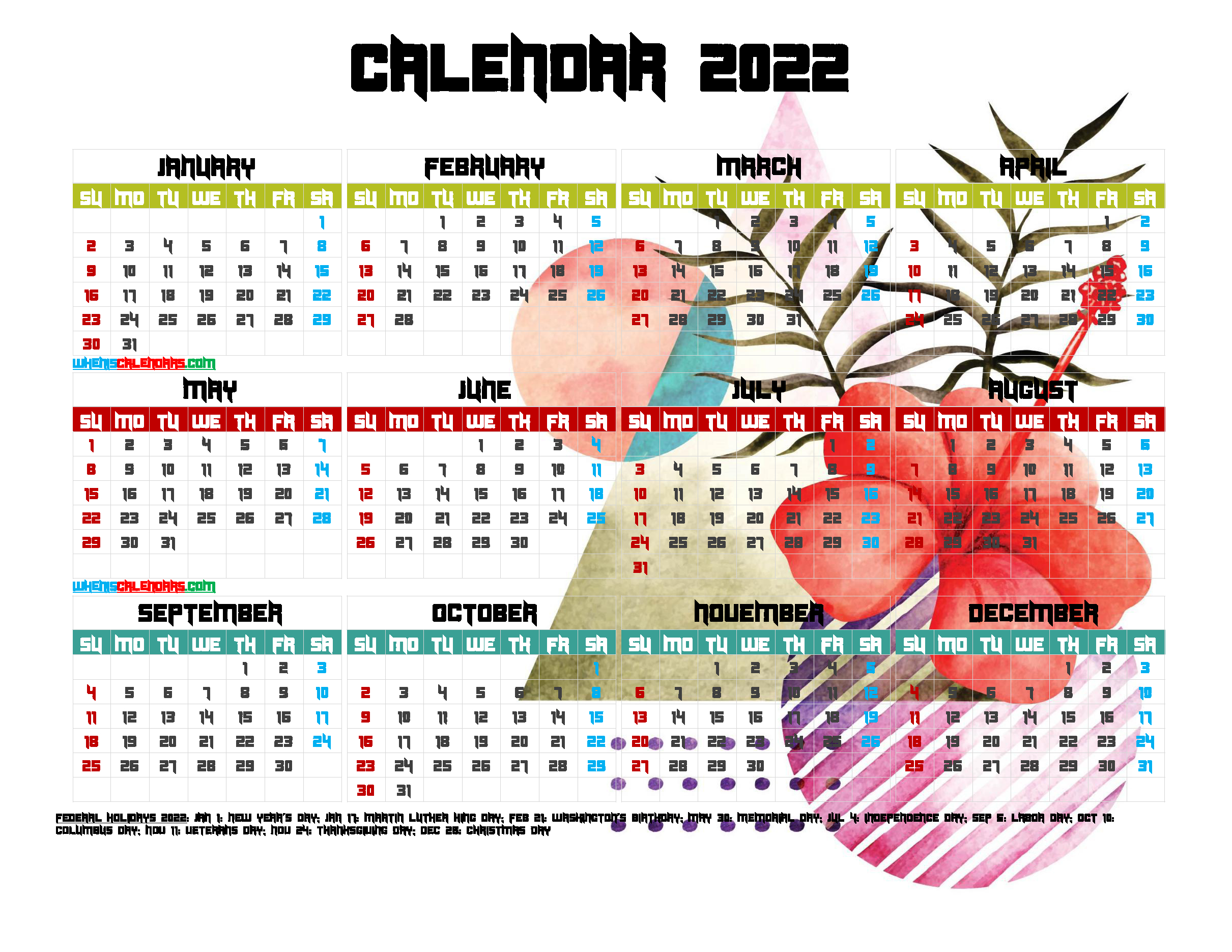 12 Printable Yearly 2022 Calendar With Holidays