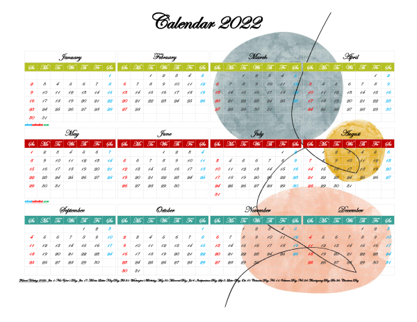 12 Printable Yearly 2022 Calendar With Holidays