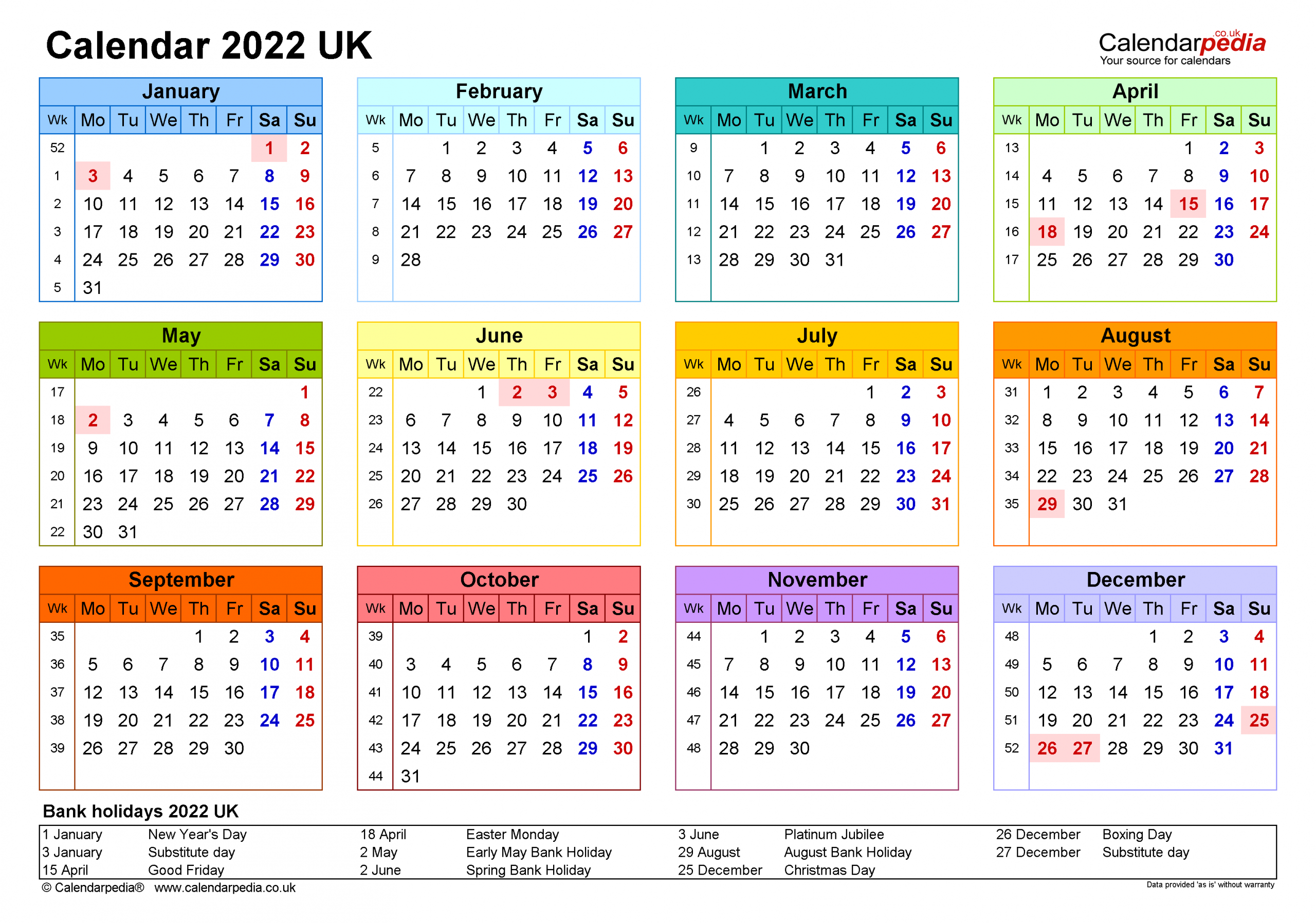 Universal Free Printable Calendar 2022 Watercolor