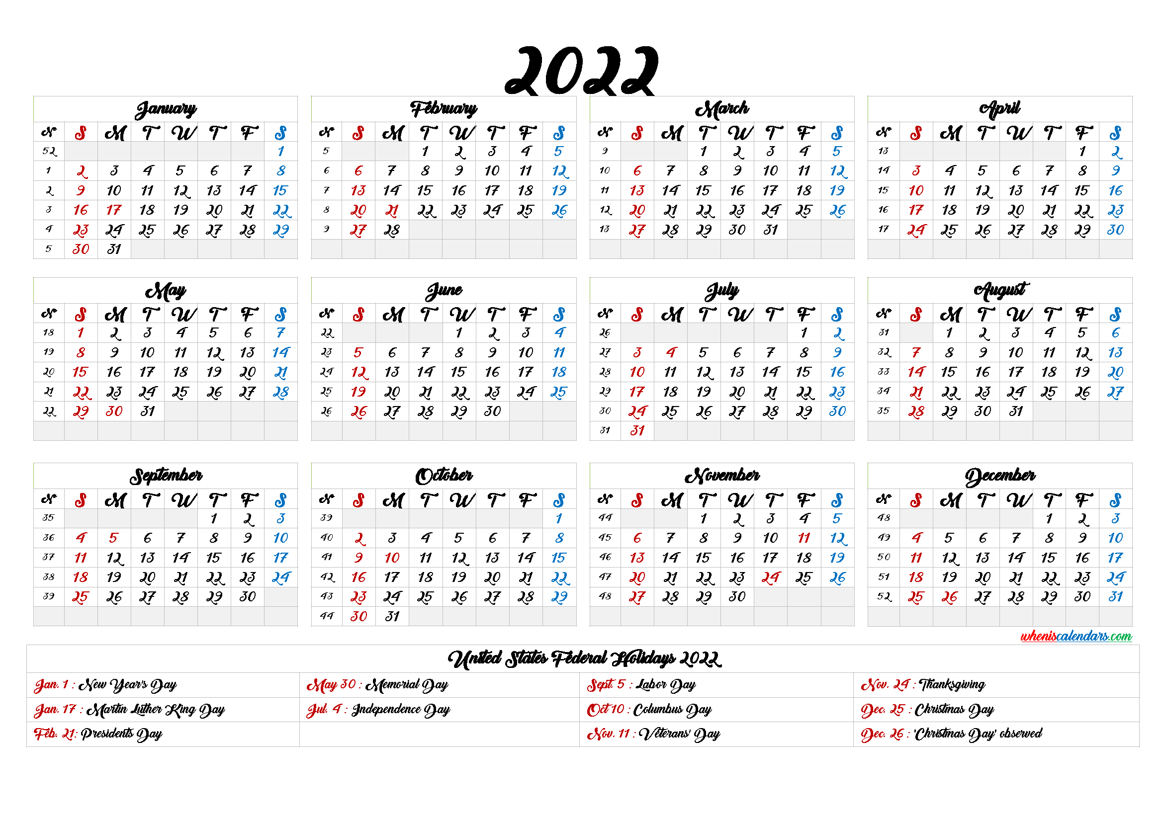 20+ Calendar For 2022 Printable - Free Download Printable