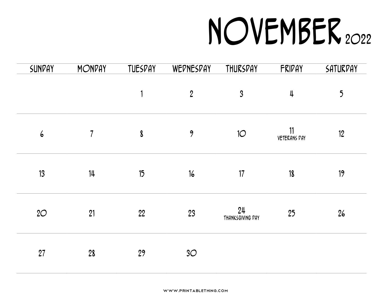 20+ November 2022 Calendar Printable, Us Holidays, Blank