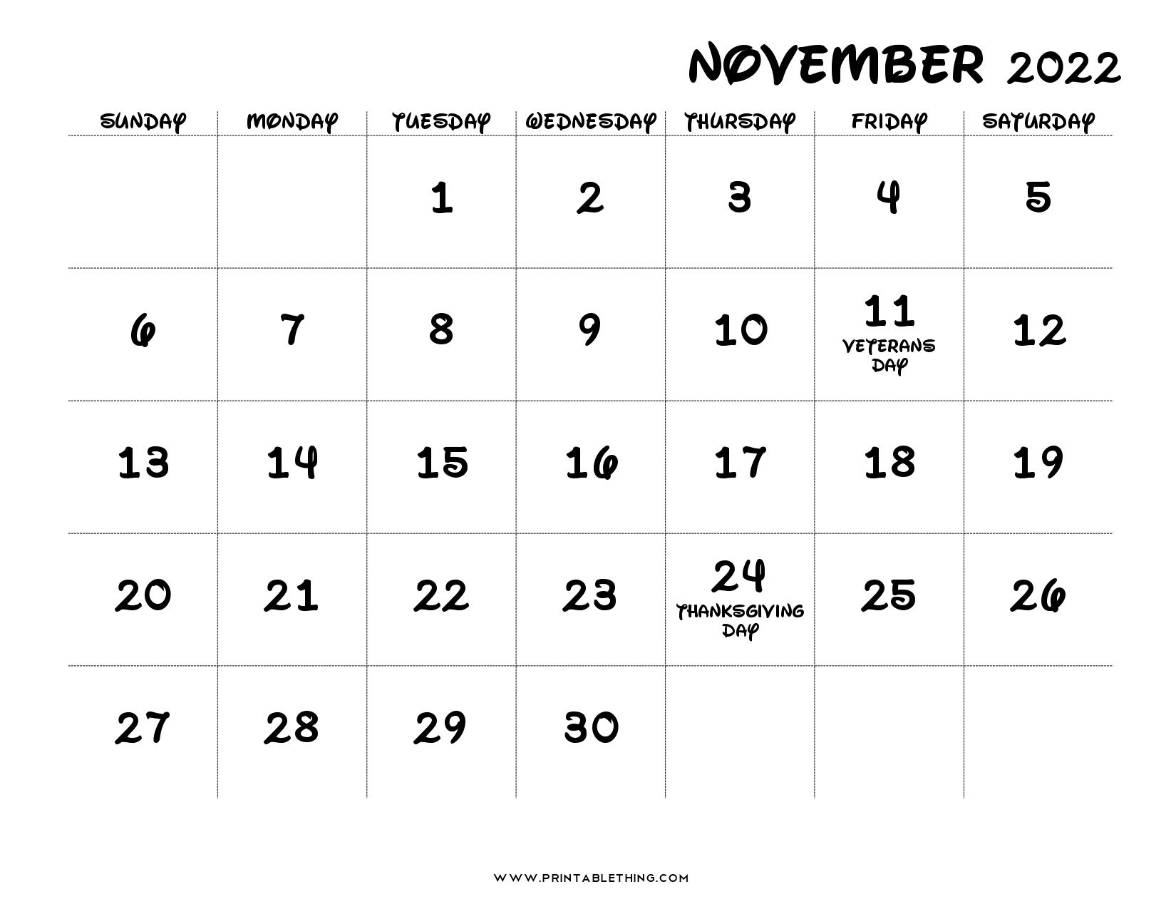 How to November 2022 Calendar Thanksgiving