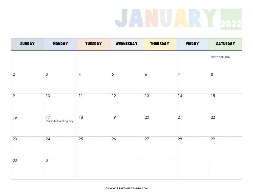 20+ Printable January 2022 Calendar With Holidays, Blank, Free