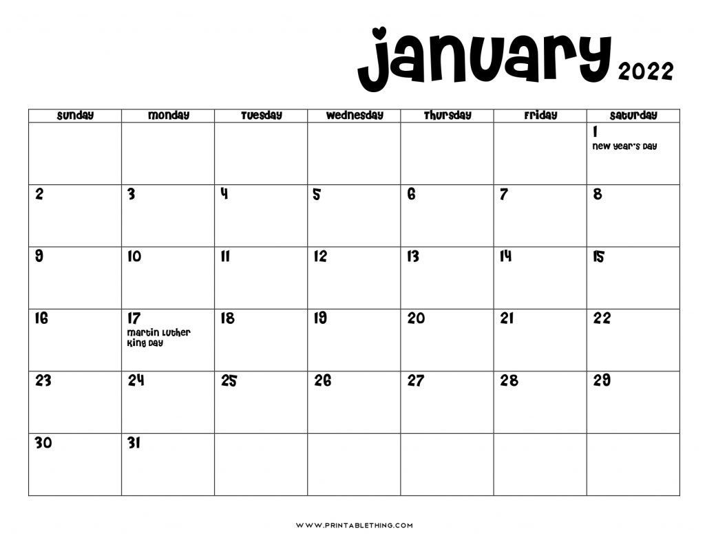 20+ Printable January 2022 Calendar With Holidays, Blank, Free