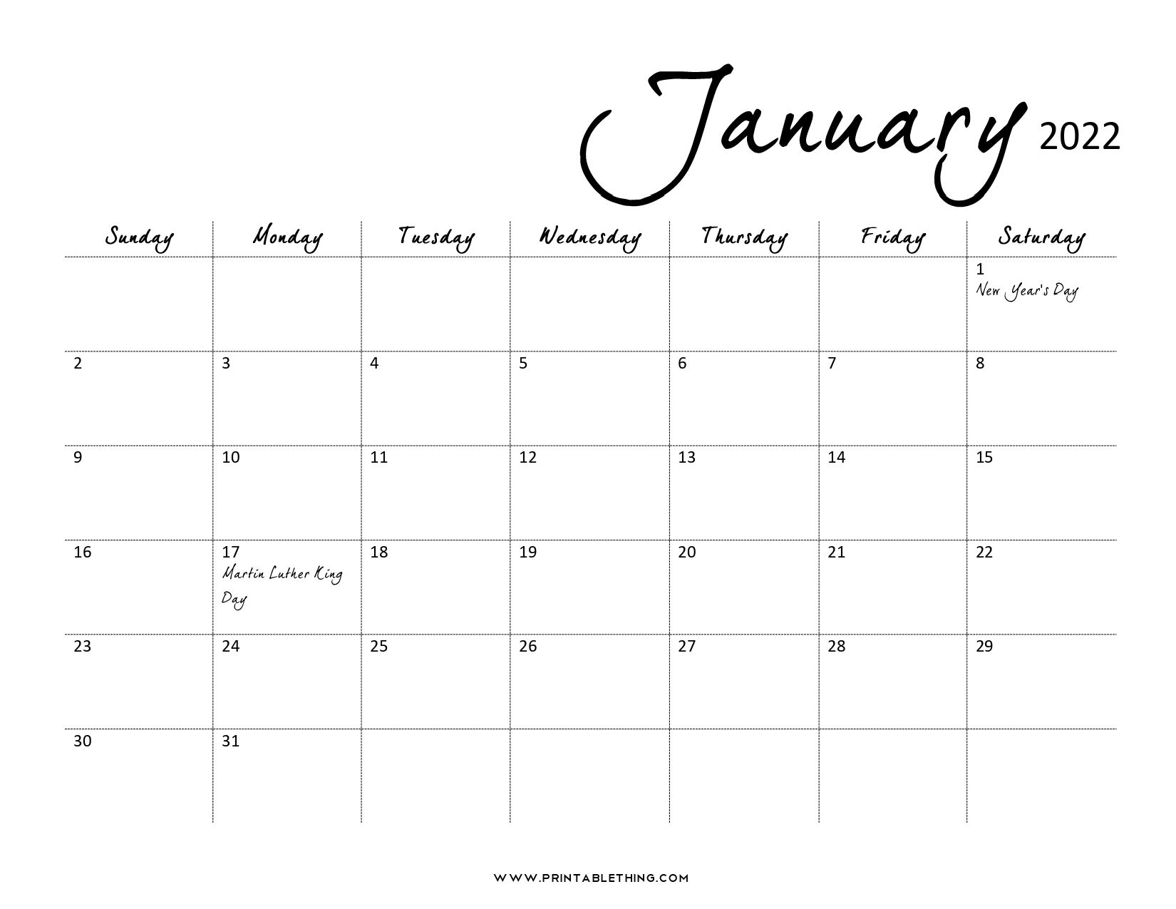 20+ Printable January 2022 Calendar With Holidays, Blank, Free