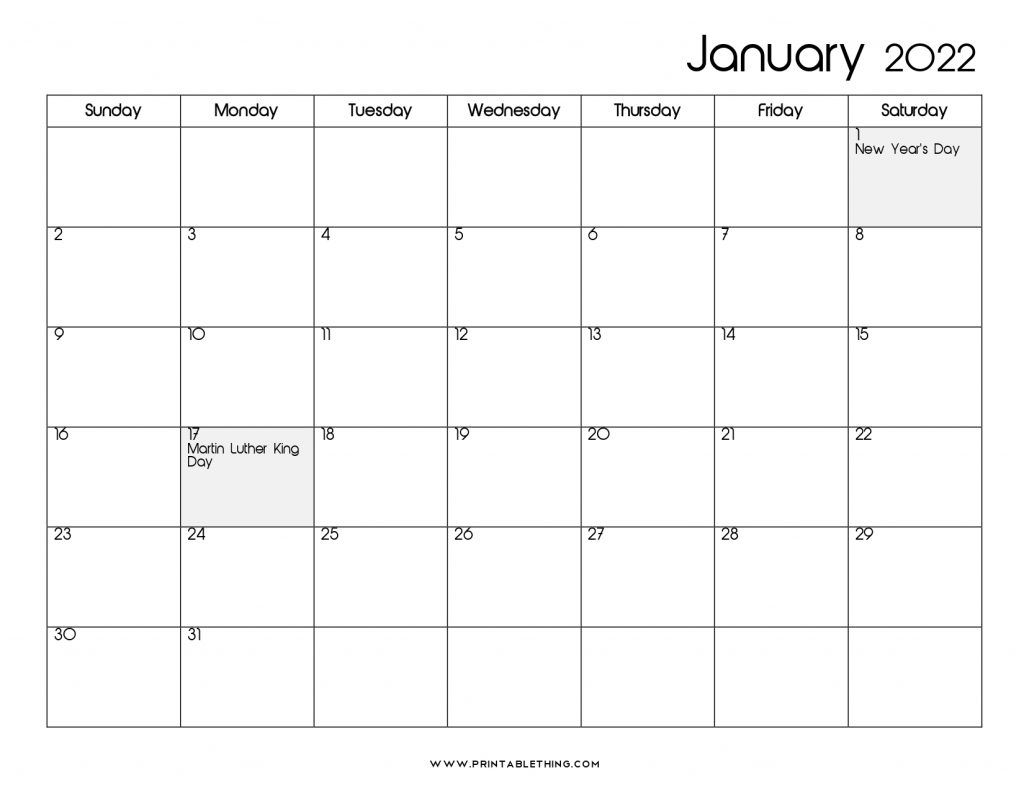 Best Printable Month Calendar Jan 2022