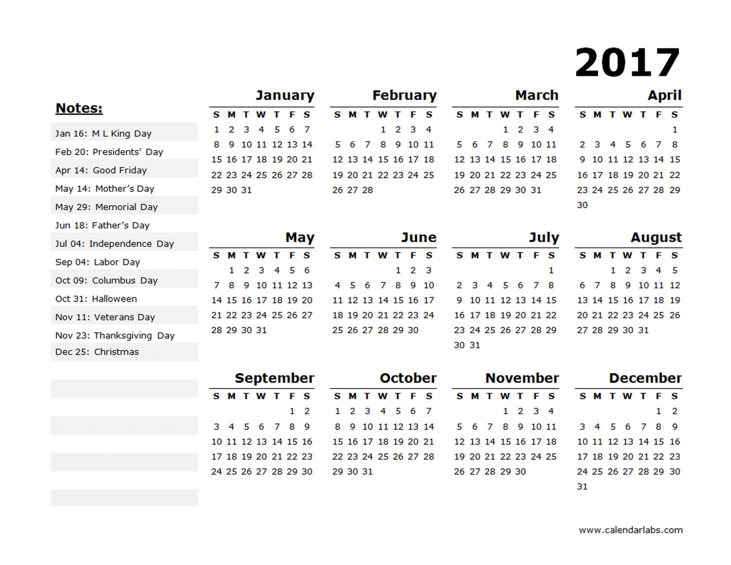 2017 Year Calendar Template Us Holidays 02 - Free