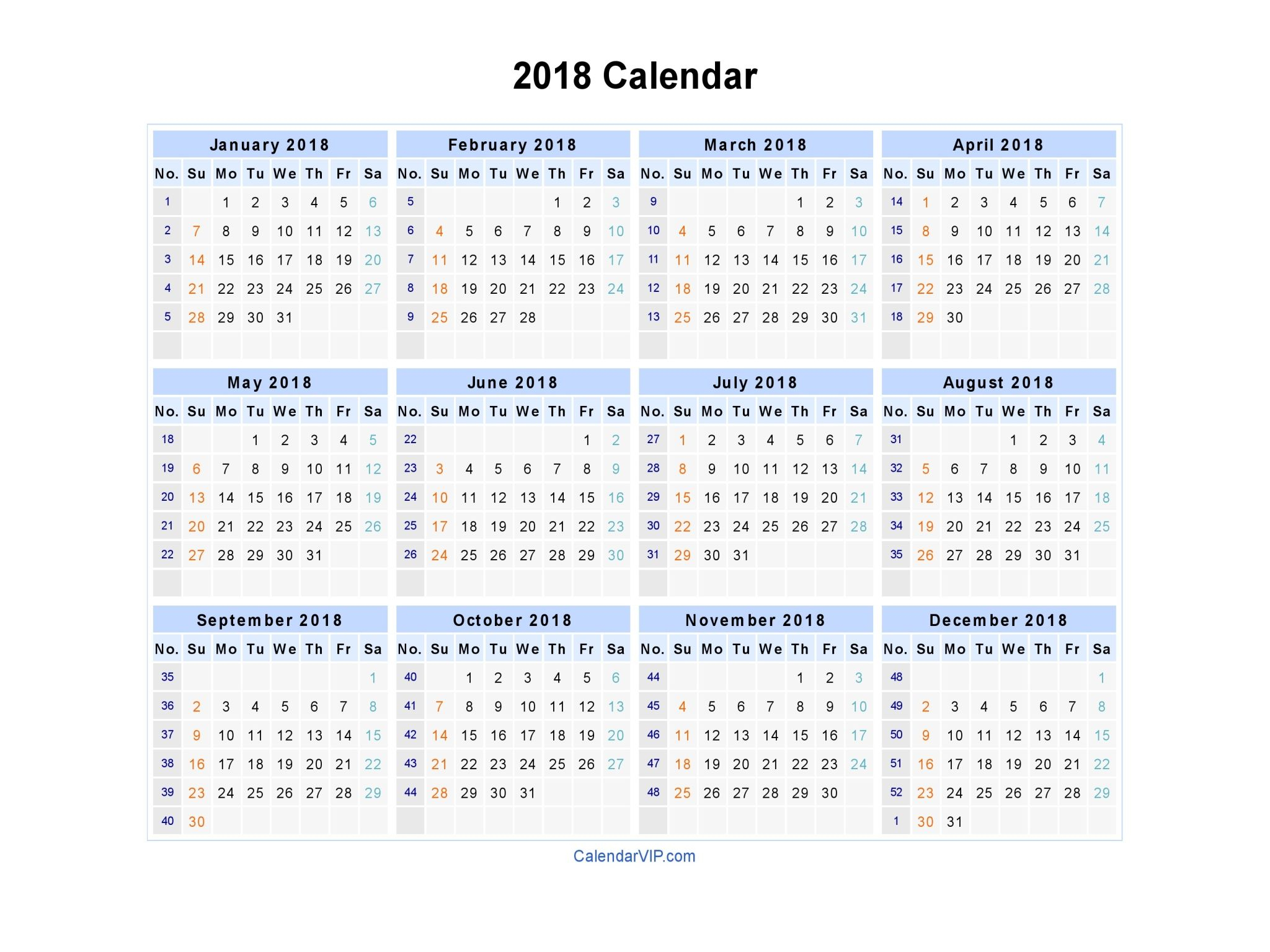 2018 Calendar - Blank Printable Calendar Template In Pdf