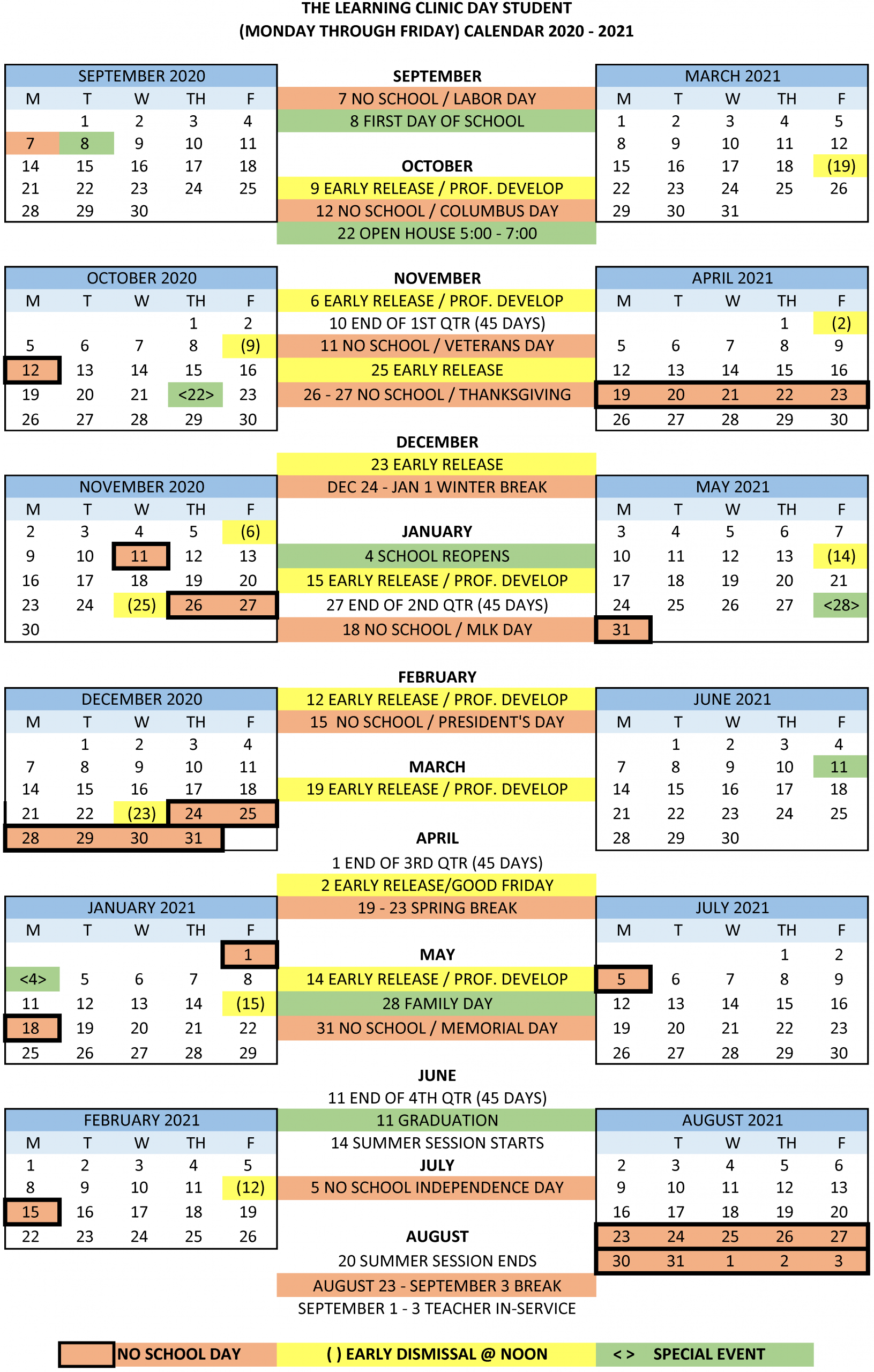 2020-2021 Day School Calendar | The Learning Clinic