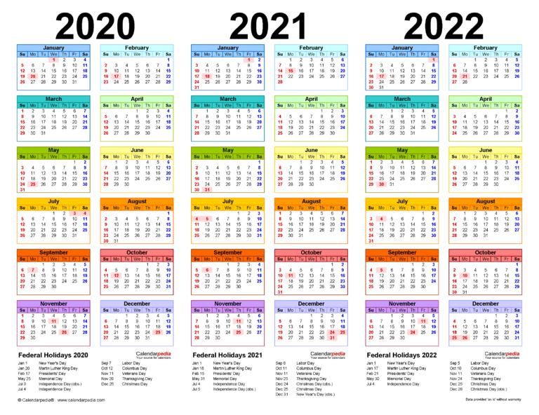 2020-2022 Three Year Calendar - Free Printable Pdf