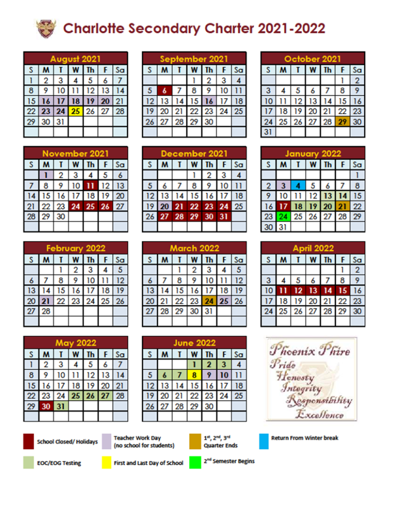 2021-2022 Academic Calendar - Charlotte Secondary School