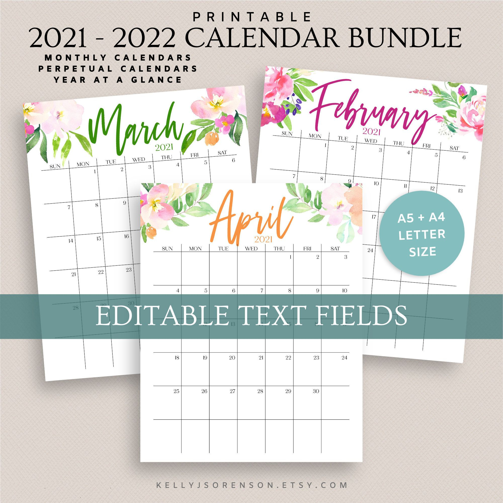 2021 2022 Printable Editable Calendar Bundle Includes