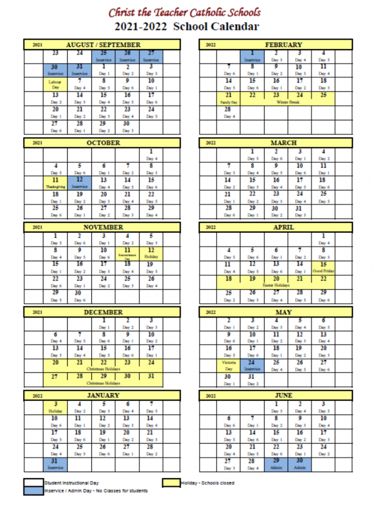 2021-2022 School Calendar - Christ The Teacher Catholic