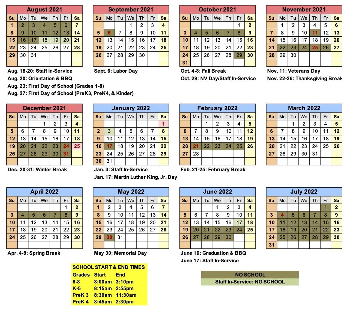 2021-2022 School Calendar | Lake Tahoe School