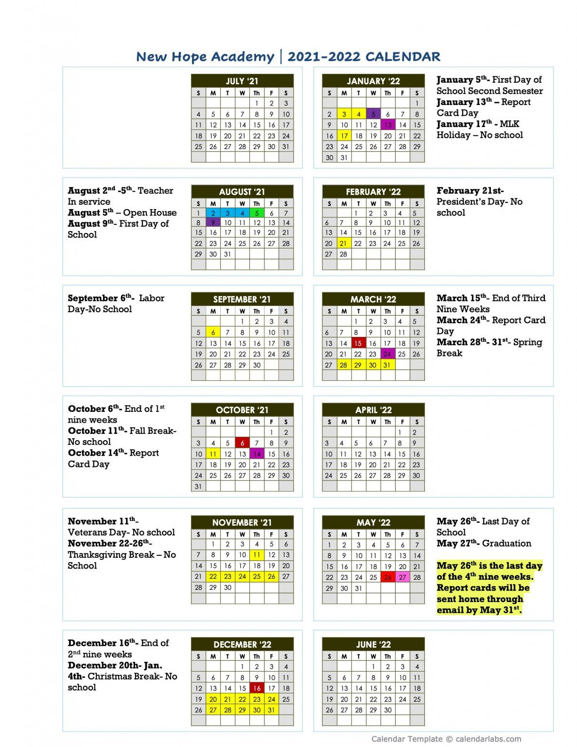 2021-2022 School Calendar - New Hope Academy